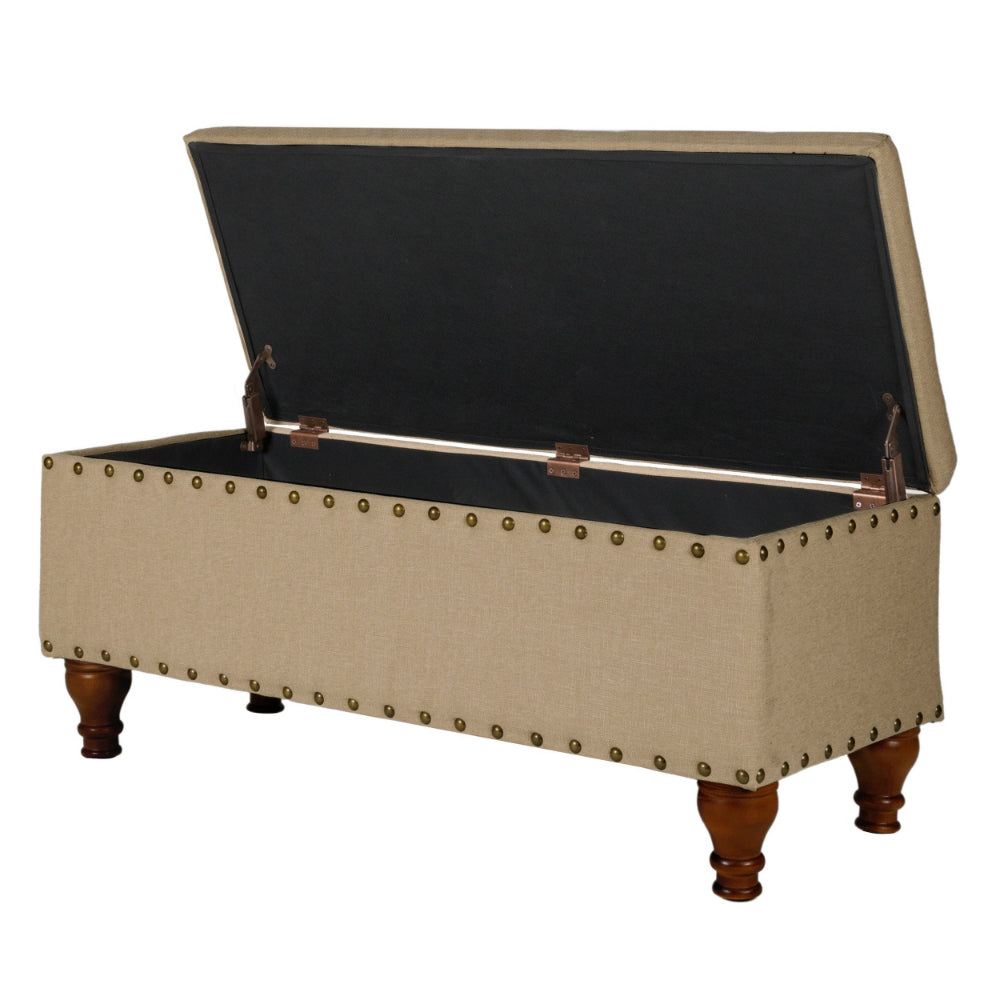 Fabric Upholstered Wooden Storage Bench With Nail head Trim, Large, Tan Brown - BM195770