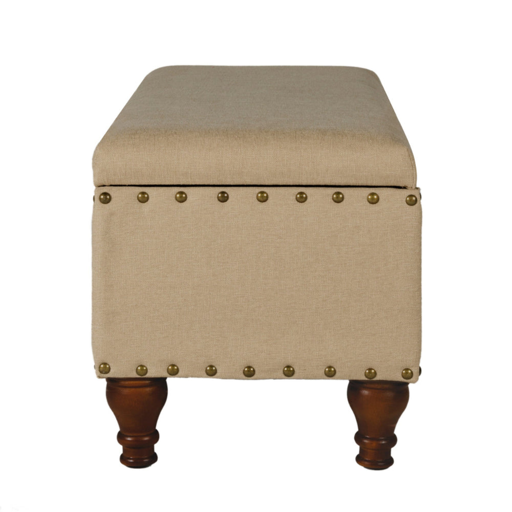 Fabric Upholstered Wooden Storage Bench With Nail head Trim, Large, Tan Brown - BM195770