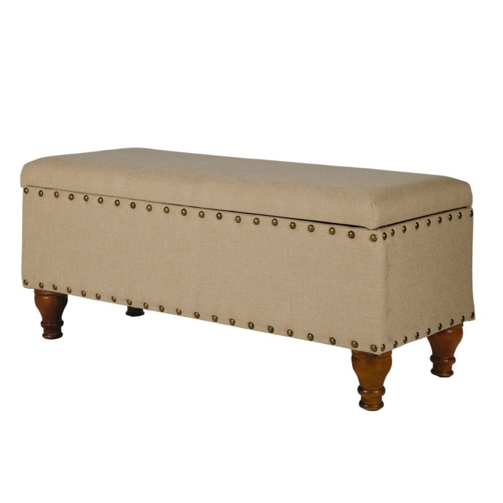 Fabric Upholstered Wooden Storage Bench With Nail head Trim, Large, Tan Brown - BM195770