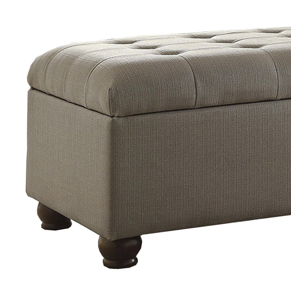 BM195776 - Textured Fabric Upholstered Button Tufted Storage Bench With Wooden Bun Feet, Gray and Brown