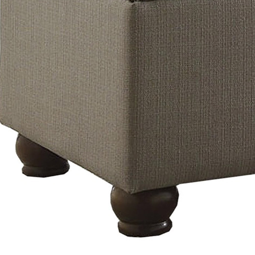 BM195776 - Textured Fabric Upholstered Button Tufted Storage Bench With Wooden Bun Feet, Gray and Brown