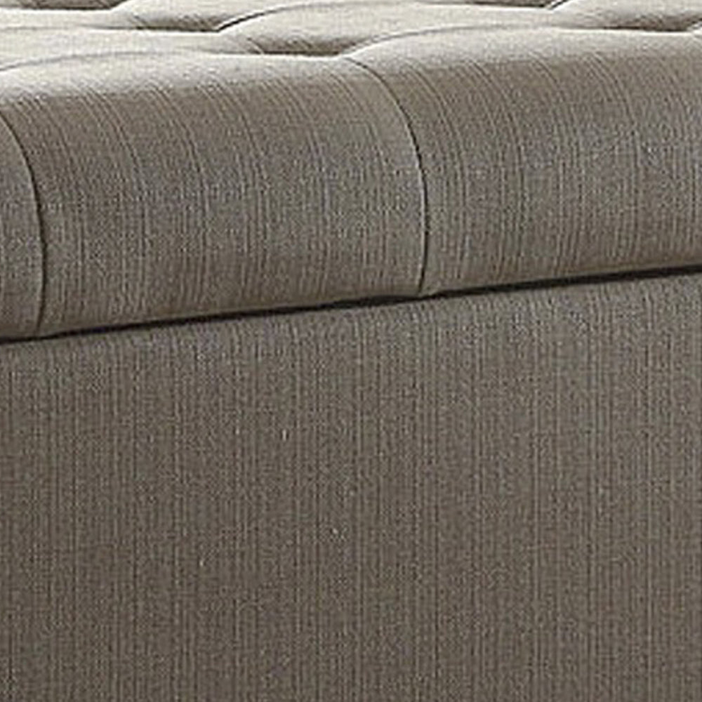 BM195776 - Textured Fabric Upholstered Button Tufted Storage Bench With Wooden Bun Feet, Gray and Brown