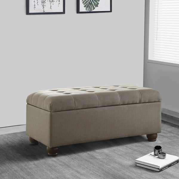 BM195776 - Textured Fabric Upholstered Button Tufted Storage Bench With Wooden Bun Feet, Gray and Brown