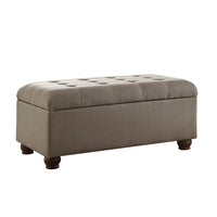 BM195776 - Textured Fabric Upholstered Button Tufted Storage Bench With Wooden Bun Feet, Gray and Brown