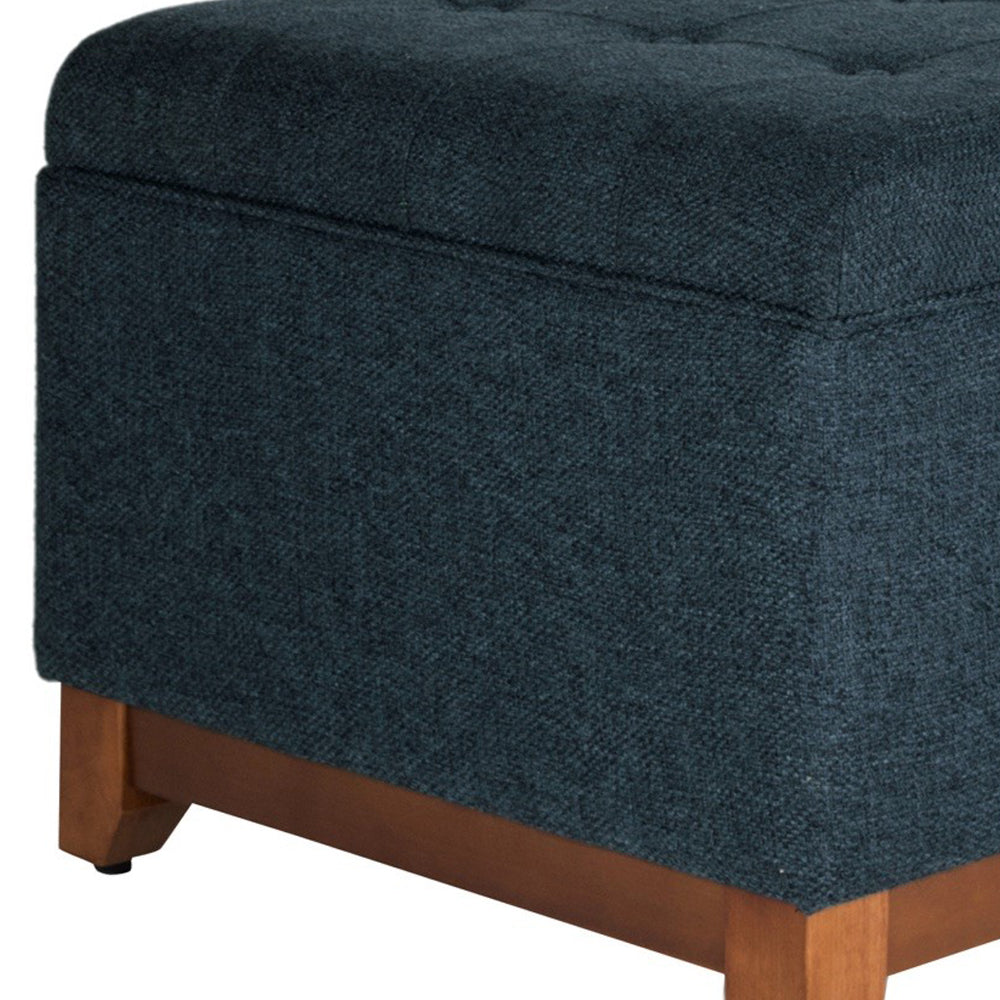 BM195798 - Textured Fabric Upholstered Wooden Ottoman With Button Tufted Top, Blue and Brown