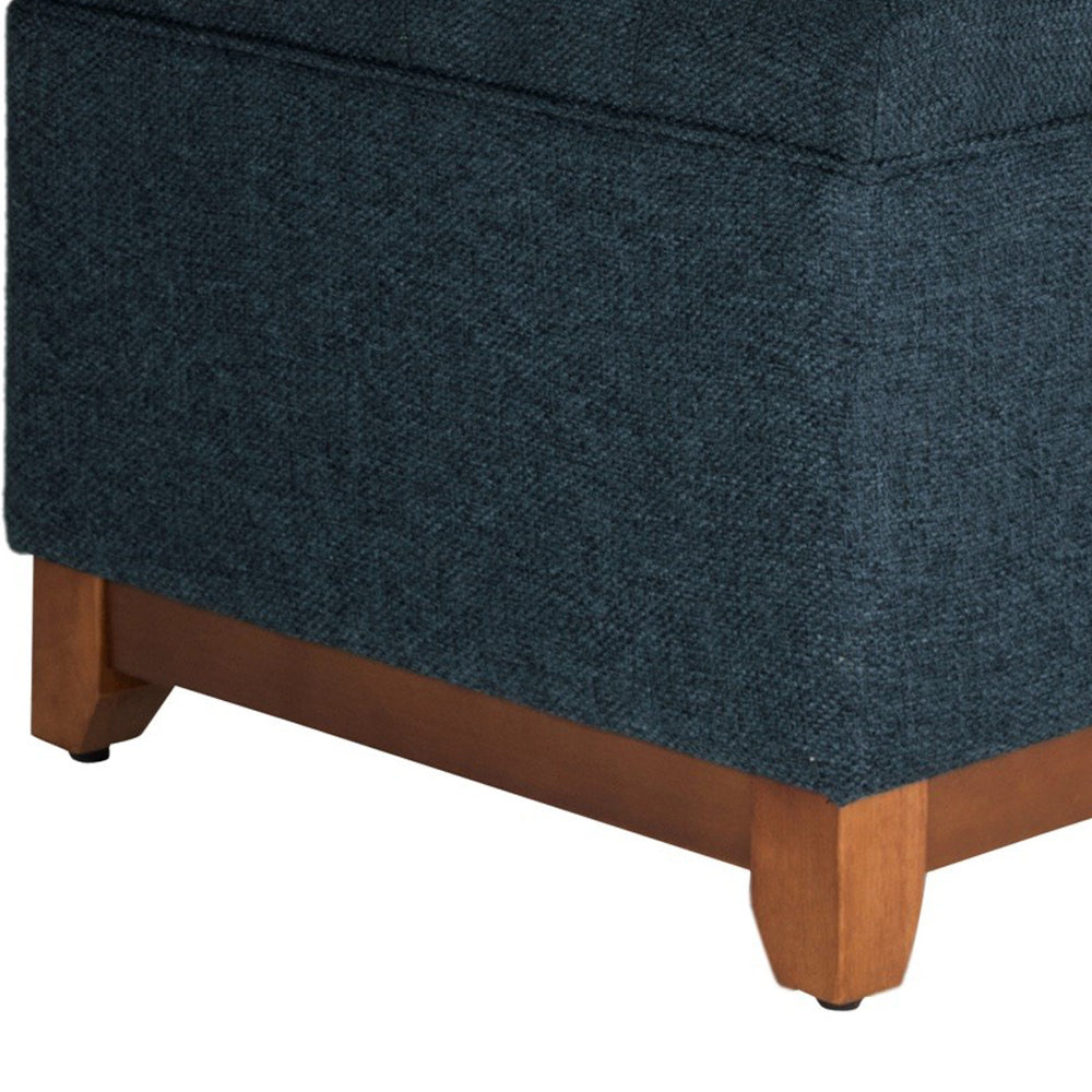 BM195798 - Textured Fabric Upholstered Wooden Ottoman With Button Tufted Top, Blue and Brown