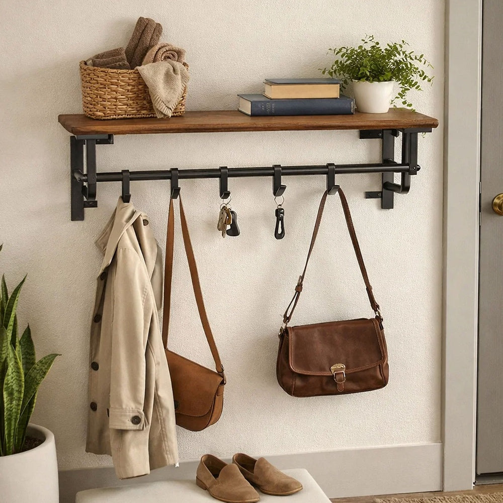 26 Inch Industrial Metal Frame Wall Mount Coat Rack, 5 Hooks, 1 Shelf, Rustic Brown, Black - BM195870