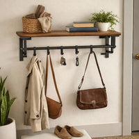 26 Inch Industrial Metal Frame Wall Mount Coat Rack, 5 Hooks, 1 Shelf, Rustic Brown, Black - BM195870