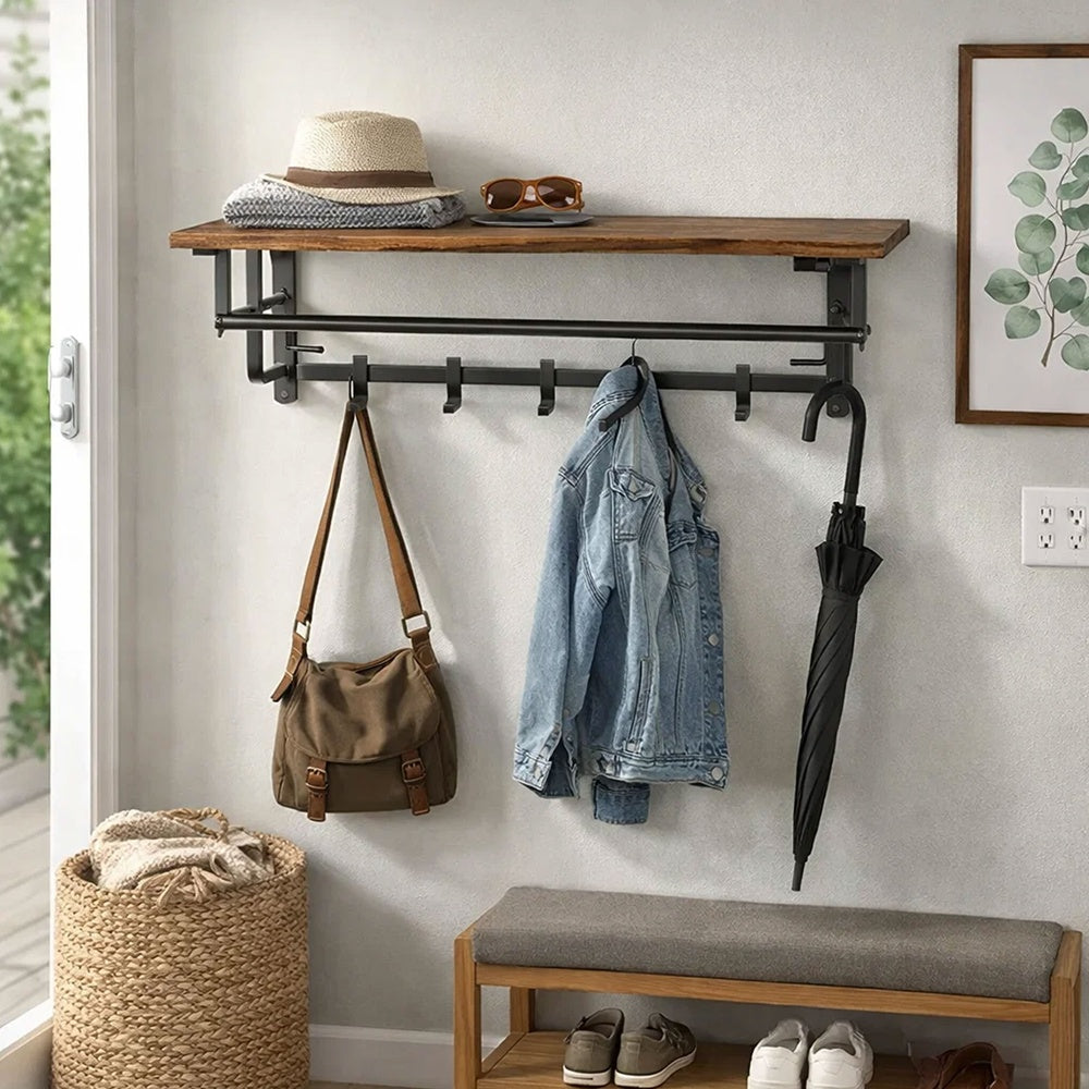 26 Inch Industrial Metal Frame Wall Mount Coat Rack, 5 Hooks, 1 Shelf, Rustic Brown, Black - BM195870