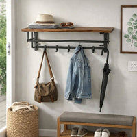 26 Inch Industrial Metal Frame Wall Mount Coat Rack, 5 Hooks, 1 Shelf, Rustic Brown, Black - BM195870