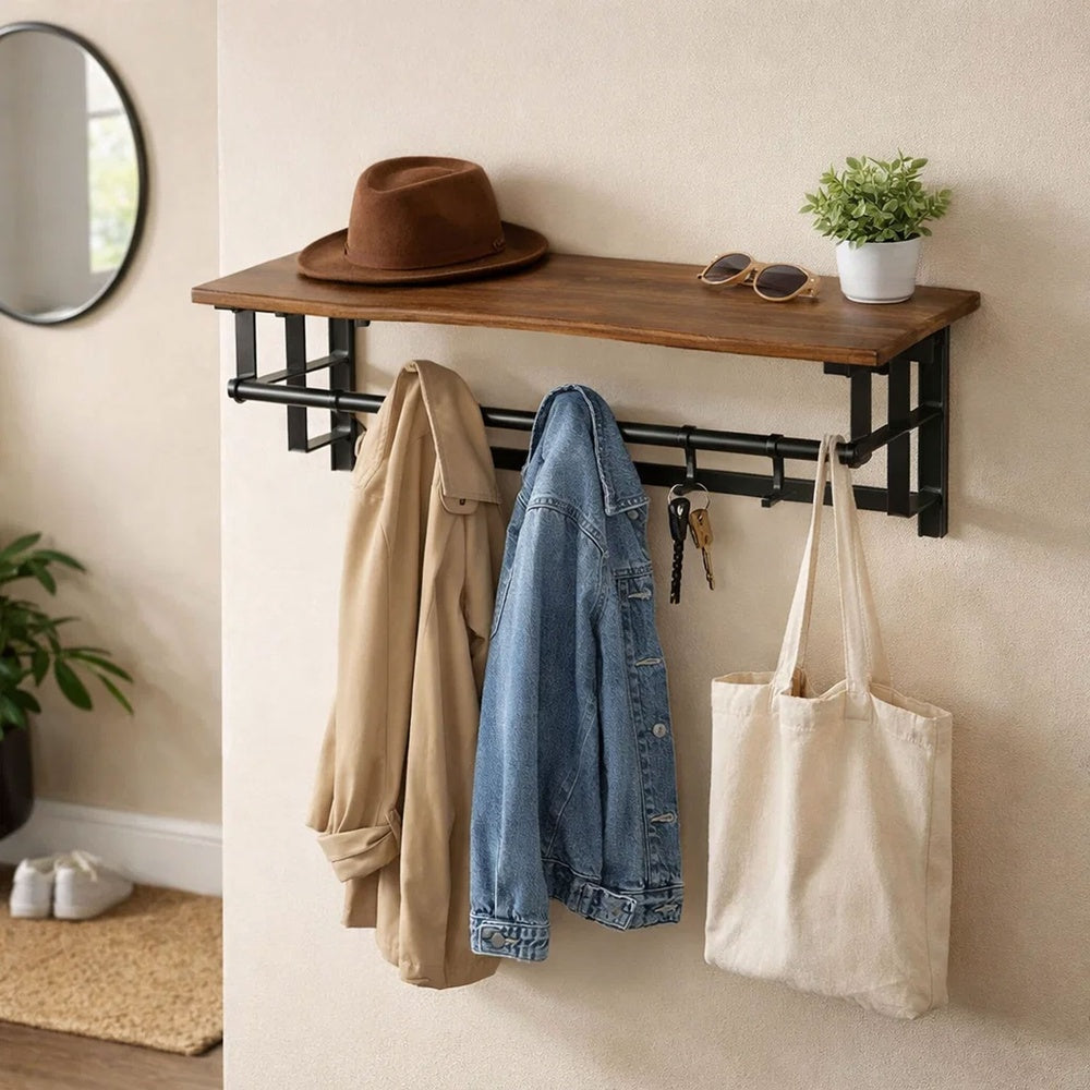 26 Inch Industrial Metal Frame Wall Mount Coat Rack, 5 Hooks, 1 Shelf, Rustic Brown, Black - BM195870