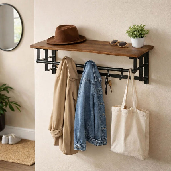 26 Inch Industrial Metal Frame Wall Mount Coat Rack, 5 Hooks, 1 Shelf, Rustic Brown, Black - BM195870