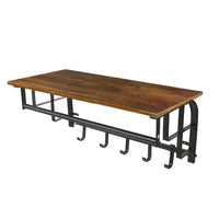 26 Inch Industrial Metal Frame Wall Mount Coat Rack, 5 Hooks, 1 Shelf, Rustic Brown, Black - BM195870