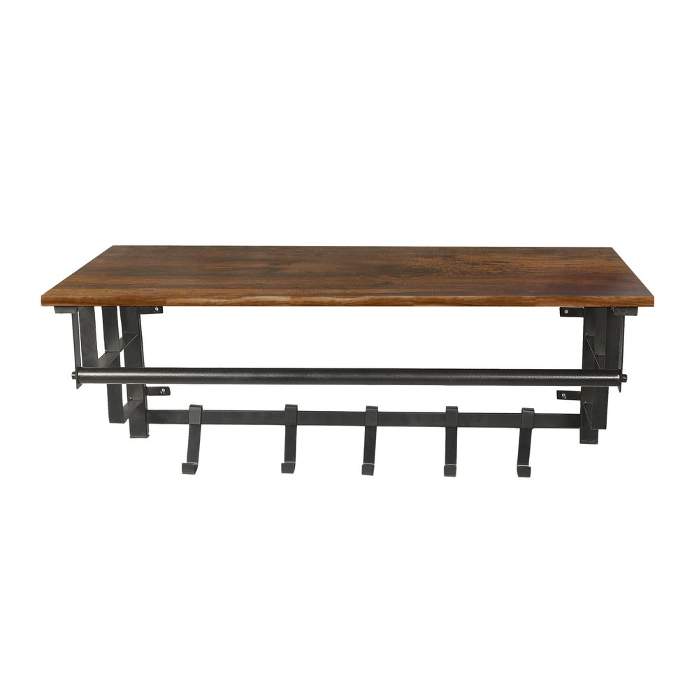 26 Inch Industrial Metal Frame Wall Mount Coat Rack, 5 Hooks, 1 Shelf, Rustic Brown, Black - BM195870