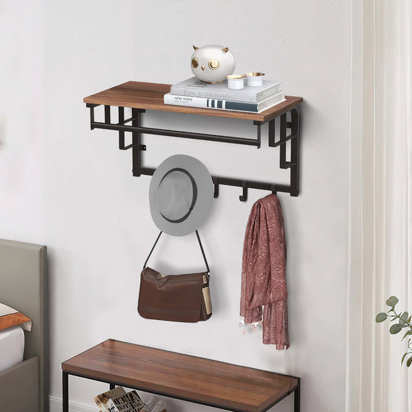 Wood and Metal Frame Coat Rack with 5 Removable Hooks, Brown and Black - BM195870