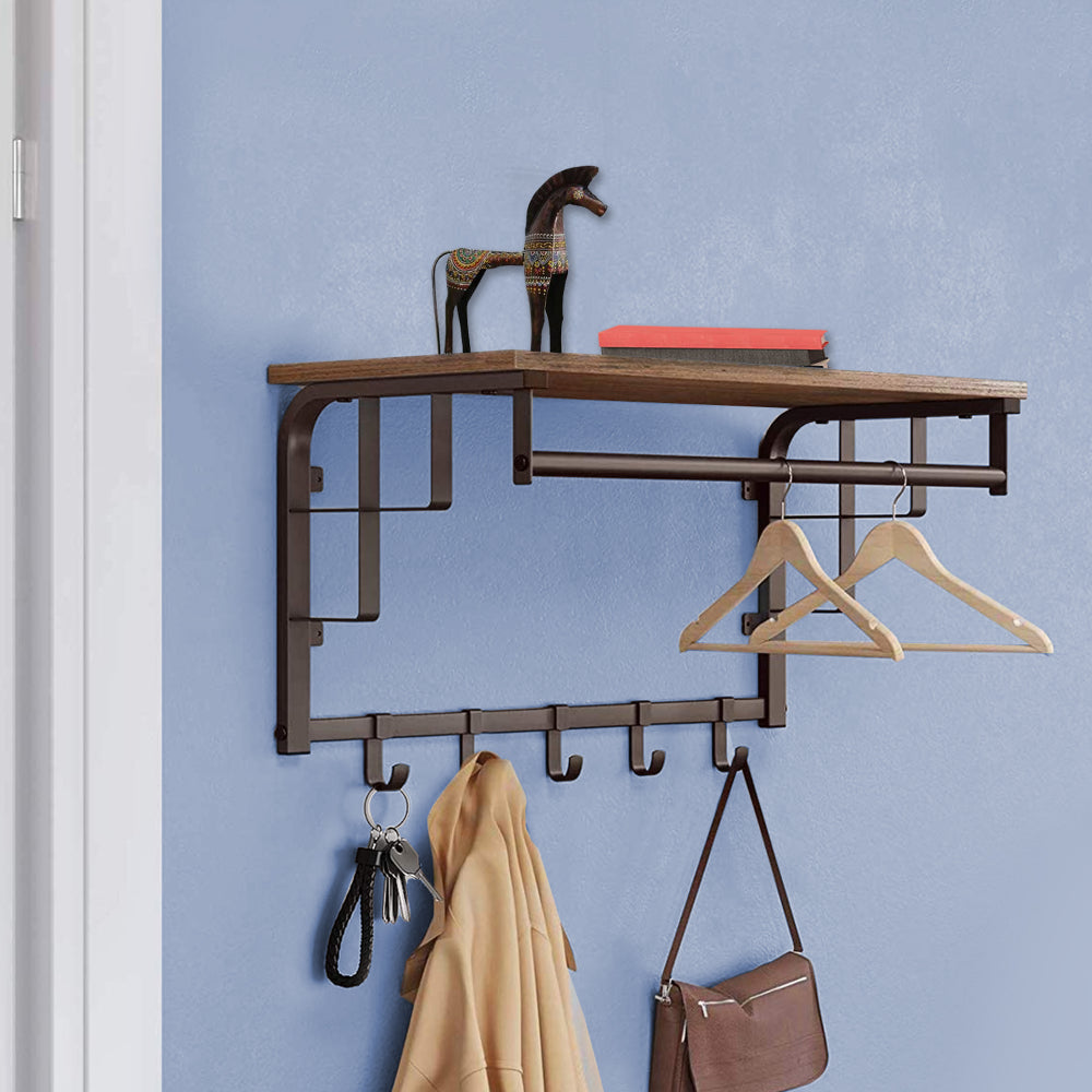 Benjara Wood and Metal Frame Coat Rack with 5 Removable Hooks