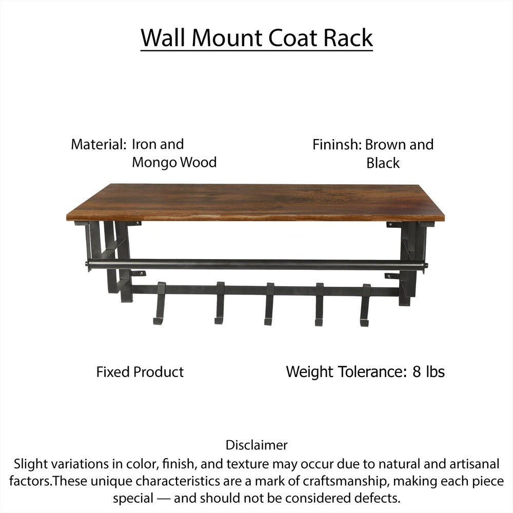 26 Inch Industrial Metal Frame Wall Mount Coat Rack, 5 Hooks, 1 Shelf, Rustic Brown, Black - BM195870