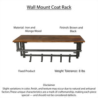 26 Inch Industrial Metal Frame Wall Mount Coat Rack, 5 Hooks, 1 Shelf, Rustic Brown, Black - BM195870
