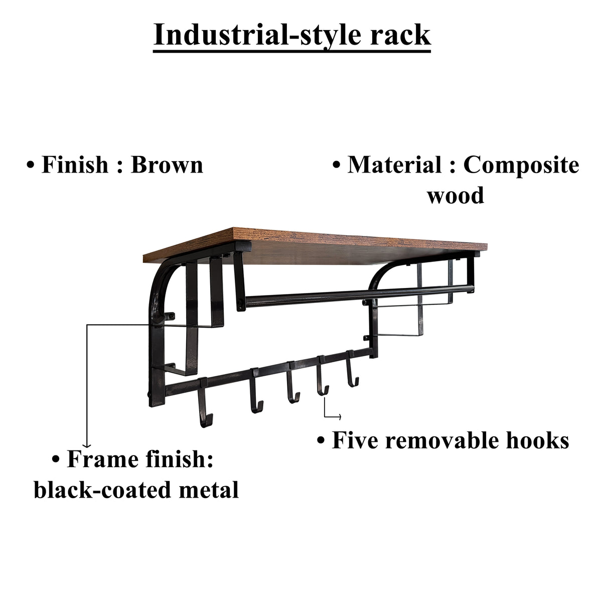 26 Inch Industrial Metal Frame Wall Mount Coat Rack, 5 Hooks, 1 Shelf, Rustic Brown, Black - BM195870