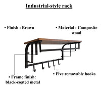 26 Inch Industrial Metal Frame Wall Mount Coat Rack, 5 Hooks, 1 Shelf, Rustic Brown, Black - BM195870