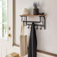 26 Inch Industrial Metal Frame Wall Mount Coat Rack, 5 Hooks, 1 Shelf, Rustic Brown, Black - BM195870
