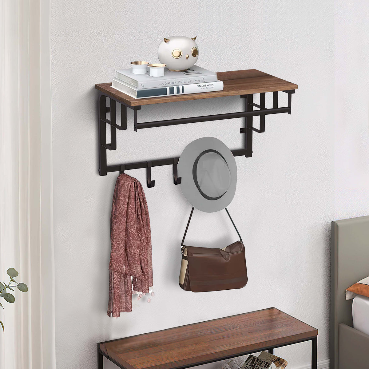 26 Inch Industrial Metal Frame Wall Mount Coat Rack, 5 Hooks, 1 Shelf, Rustic Brown, Black - BM195870