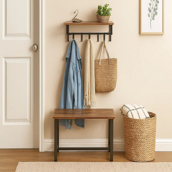 26 Inch Industrial Metal Frame Wall Mount Coat Rack, 5 Hooks, 1 Shelf, Rustic Brown, Black - BM195870