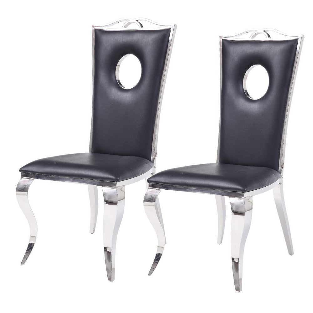 19 Inch Dining Side Chair, Faux Leather, Set of 2, Black, Silver - AMF-62078