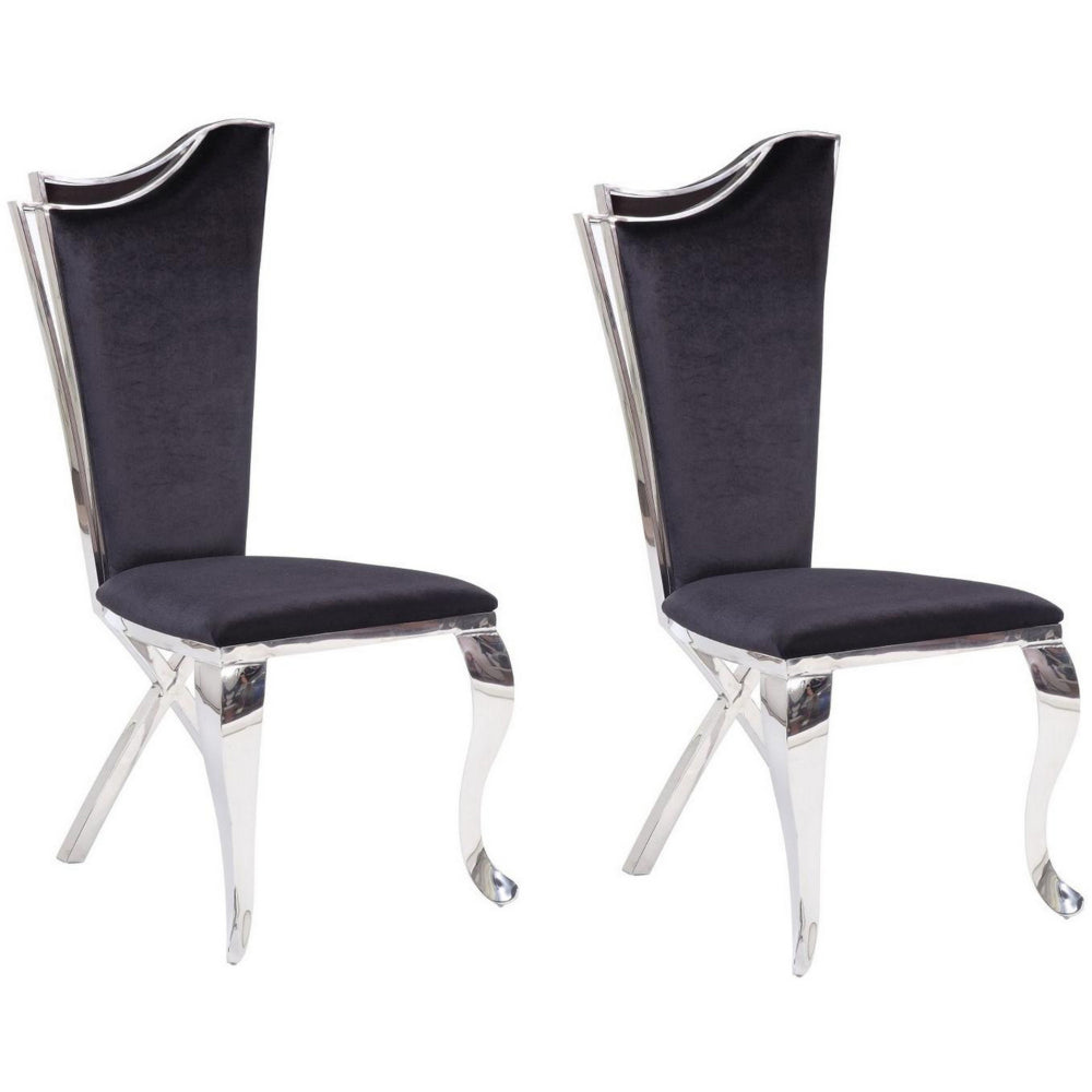 Fabric Upholstered Metal Side Chairs with Asymmetrical Backrest, Silver and Black, Set of Two - BM195935