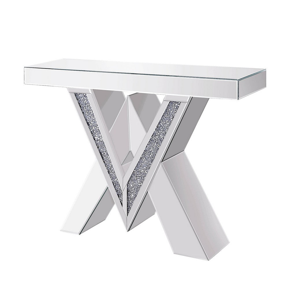 Wood and Mirror Console Table with Interlocking V Shape Base, Clear - AMF-90444