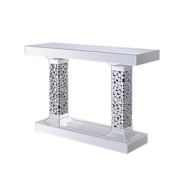 Wood and Mirror Console Table with Two Pedestal Base, Clear and Black - AMF-90446