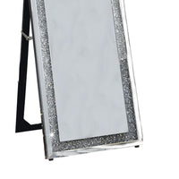 Faux Crystal Accented Wooden Floor Mirror, Clear and Silver - BM195973