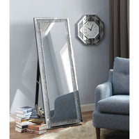 Faux Crystal Accented Wooden Floor Mirror, Clear and Silver - BM195973