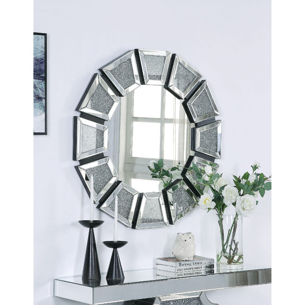 BM195988 - Wooden Backing Wall Decor with Tapered Mirrored Panel Borders, Clear and Black