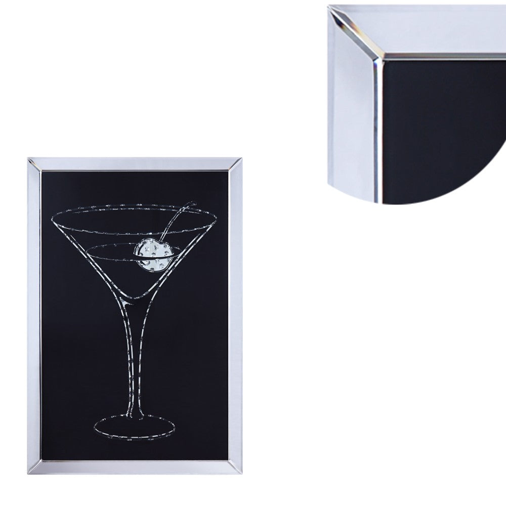 BM196002 - Wood and Mirror Martini Glass Wall Art, Clear and Black
