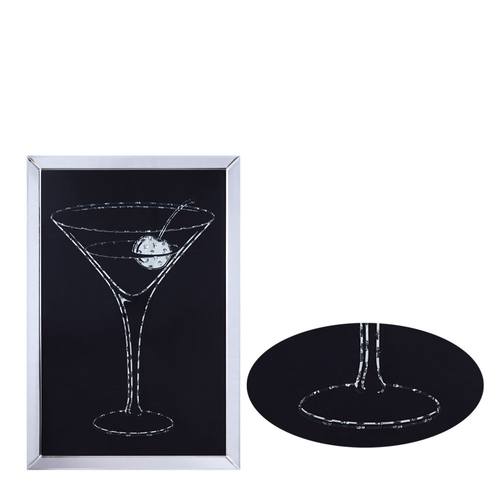 BM196002 - Wood and Mirror Martini Glass Wall Art, Clear and Black