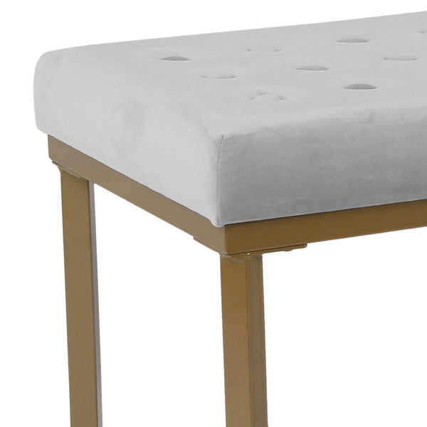 BM196049 - Metal Framed Ottoman with Button Tufted Velvet Upholstered Seat, Light Gray and Gold