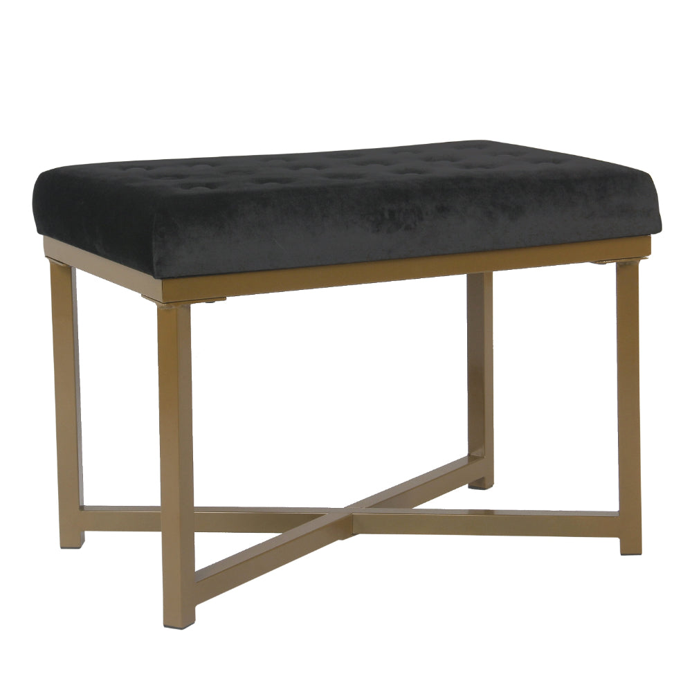 BM196050 - Metal Framed Ottoman with Button Tufted Velvet Upholstered Seat, Black and Gold