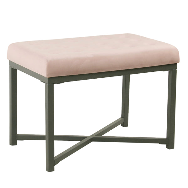 BM196051 - Metal Framed Ottoman with Button Tufted Velvet Upholstered Seat, Pink and Gray