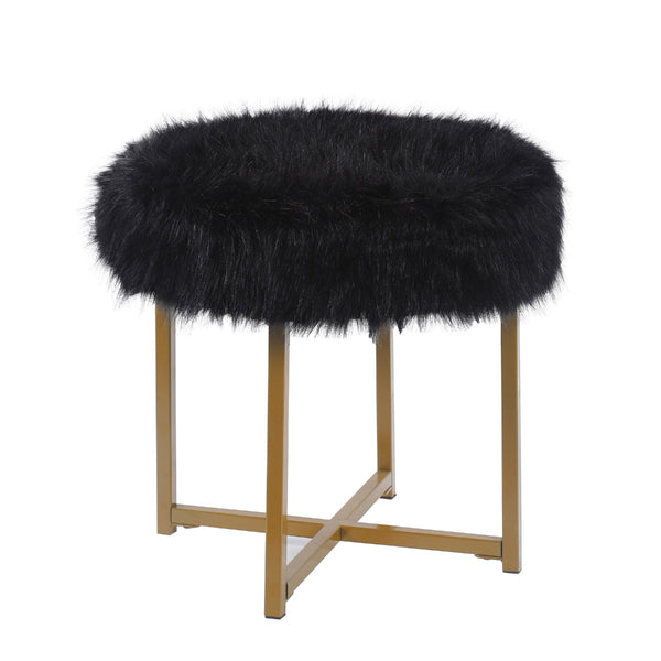 BM196054 - Round Faux Fur Upholstered Ottoman with X Shape Metal Base, Black and Gold
