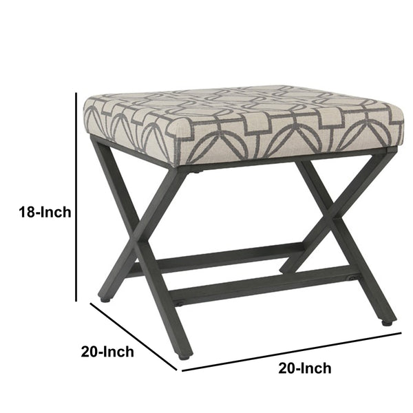 BM196061 - Patterned Fabric Upholstered Ottoman with X Shape Metal Legs, Beige and Gray