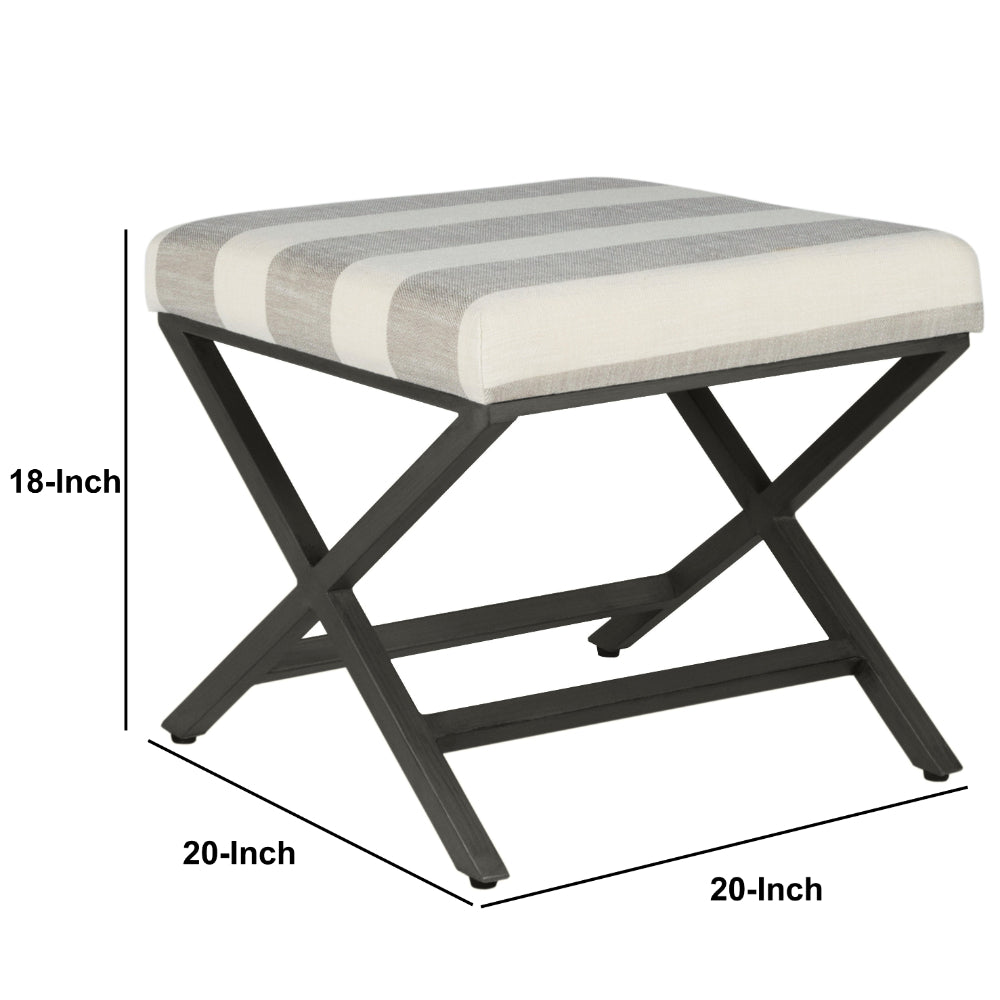 BM196062 - Stripe Pattern Fabric Upholstered Ottoman with X Shape Metal Legs, Cream and Gray