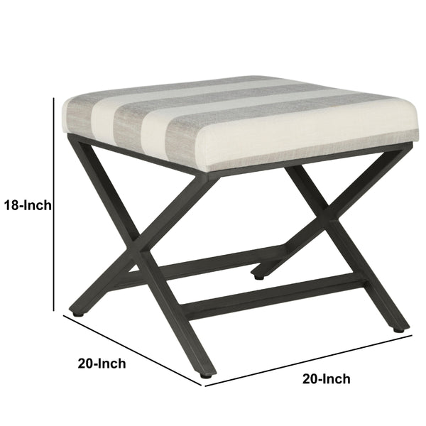 BM196062 - Stripe Pattern Fabric Upholstered Ottoman with X Shape Metal Legs, Cream and Gray