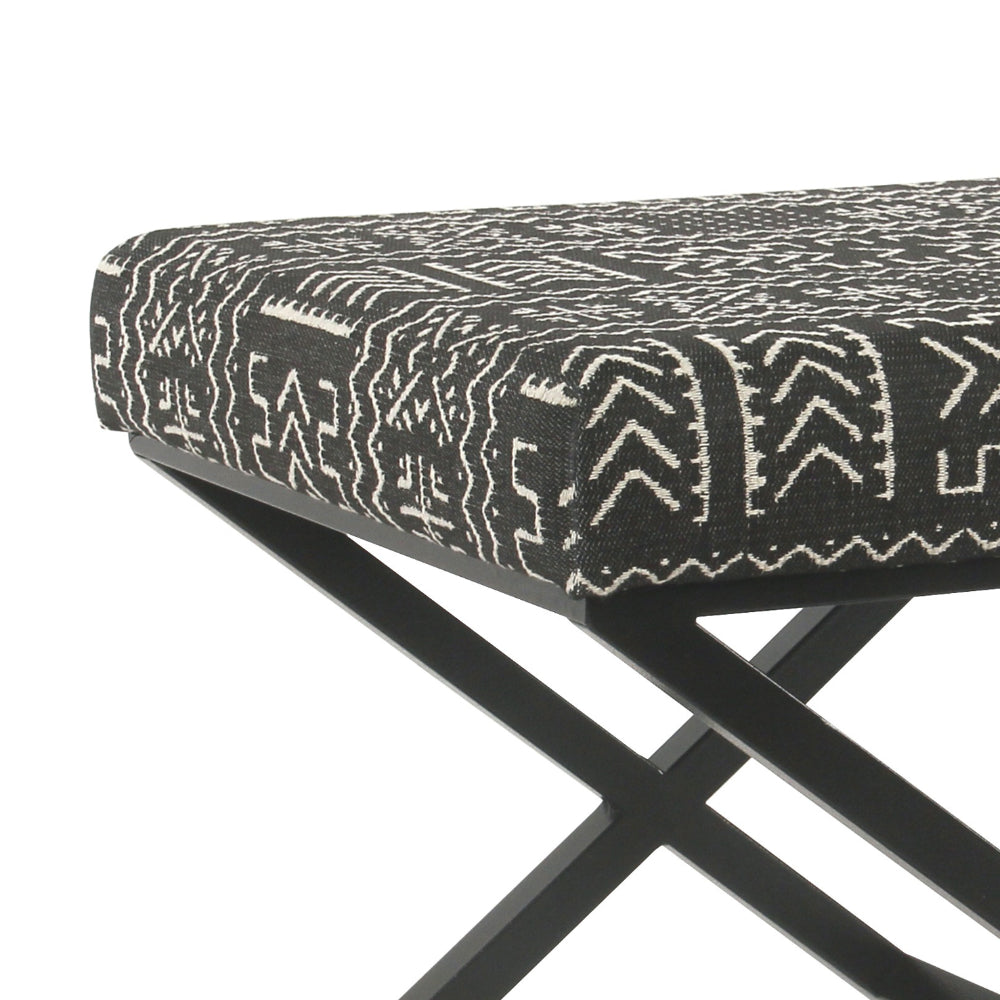 BM196064 - Tribal Pattern Fabric Upholstered Ottoman with X Shape Metal Legs, Black and Cream