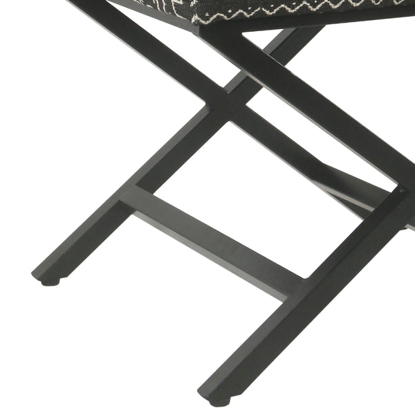 BM196064 - Tribal Pattern Fabric Upholstered Ottoman with X Shape Metal Legs, Black and Cream