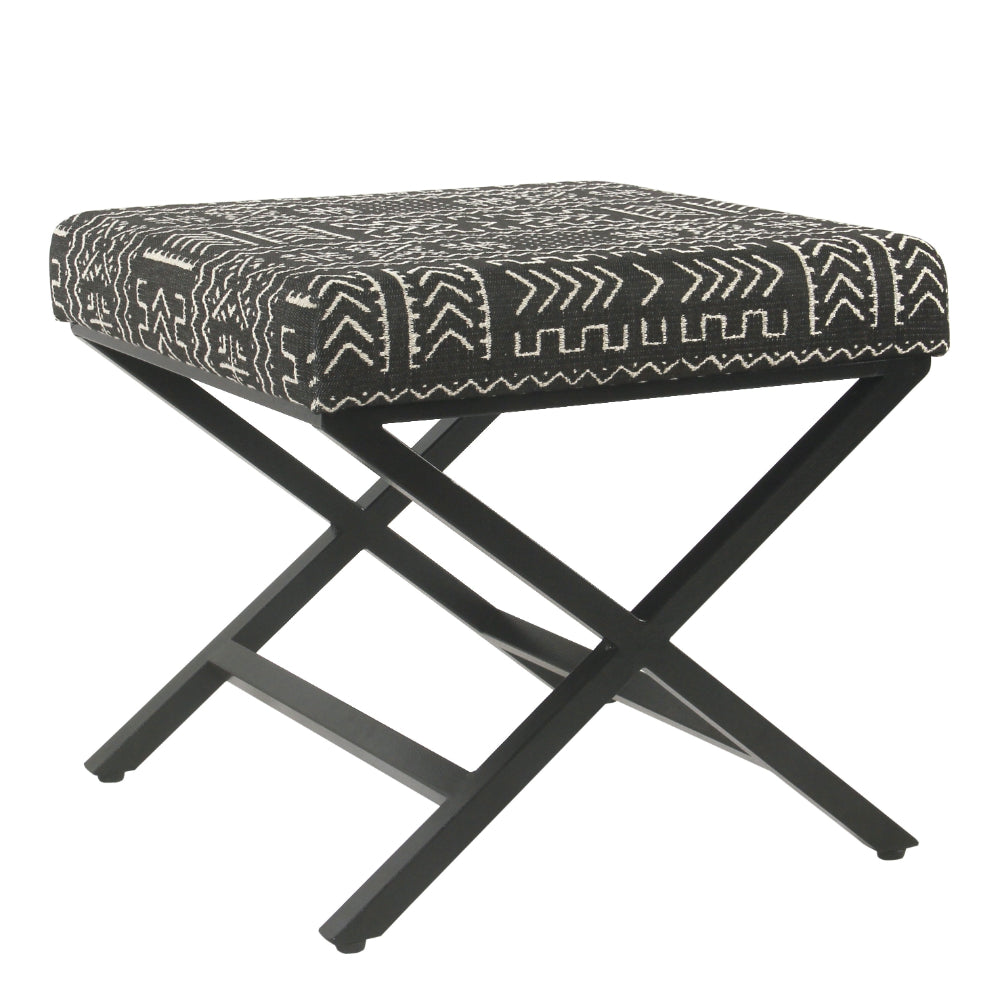 BM196064 - Tribal Pattern Fabric Upholstered Ottoman with X Shape Metal Legs, Black and Cream