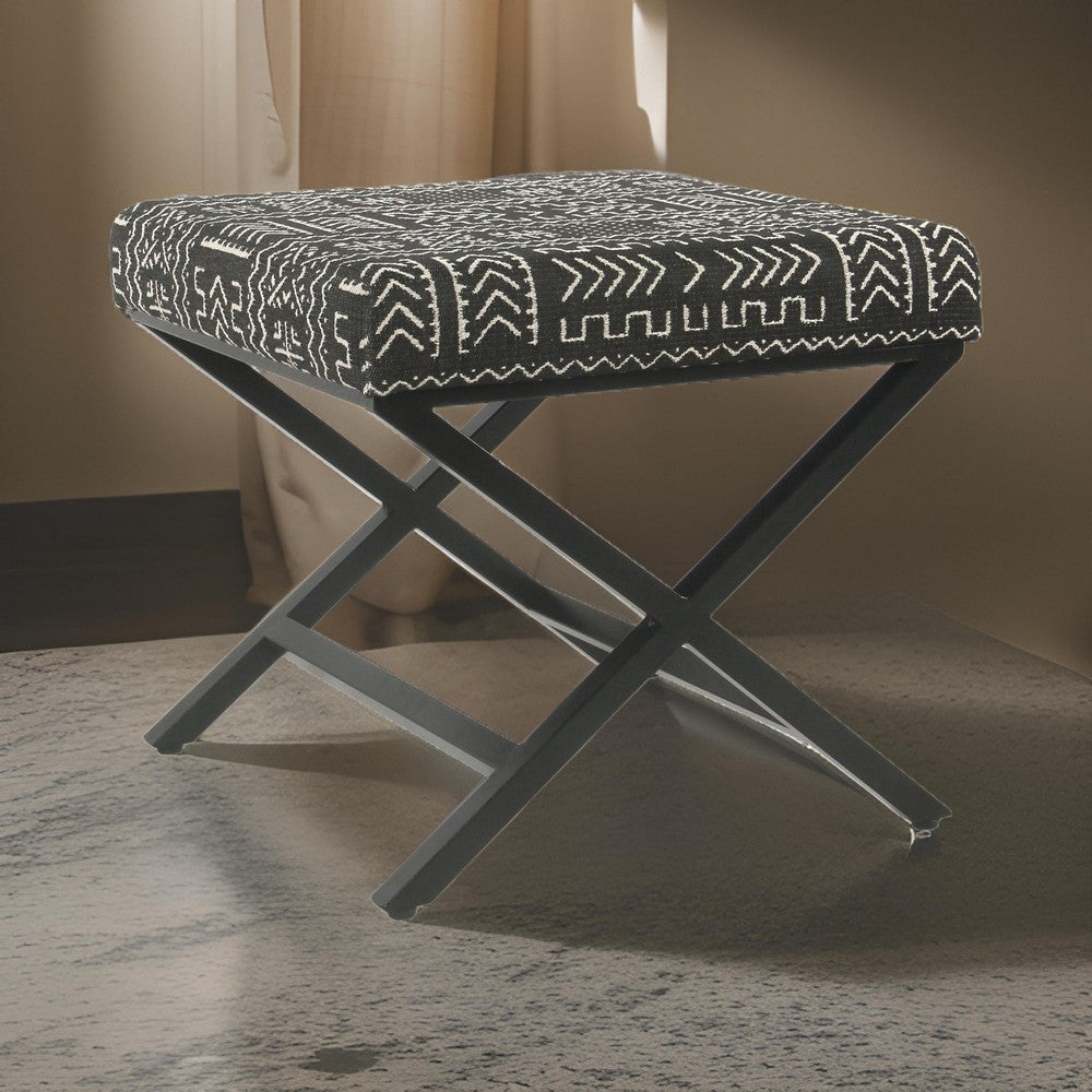 BM196064 - Tribal Pattern Fabric Upholstered Ottoman with X Shape Metal Legs, Black and Cream