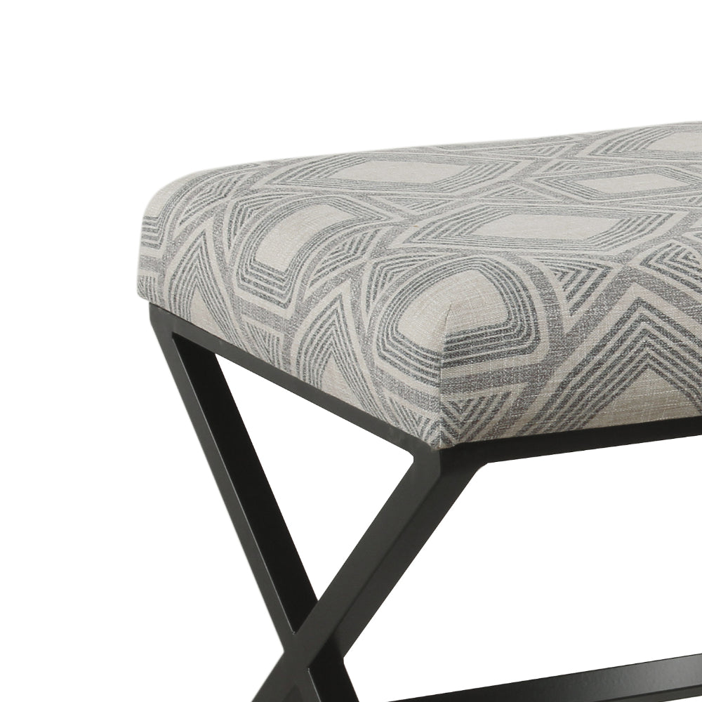 BM196065 - Geometric Pattern Fabric Upholstered Ottoman with X Shape Metal Legs, Gray and Cream