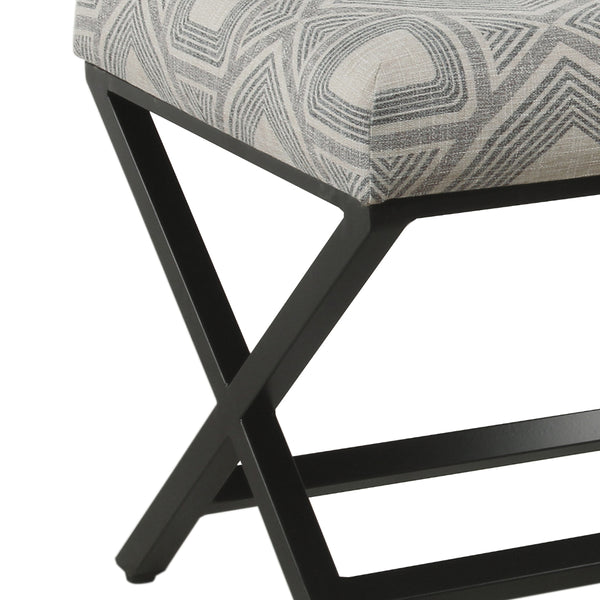 BM196065 - Geometric Pattern Fabric Upholstered Ottoman with X Shape Metal Legs, Gray and Cream
