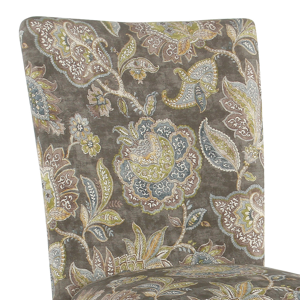 BM196083 - Floral Print Fabric Upholstered Parsons Chair with Wooden Legs, Multicolor, Set of Two